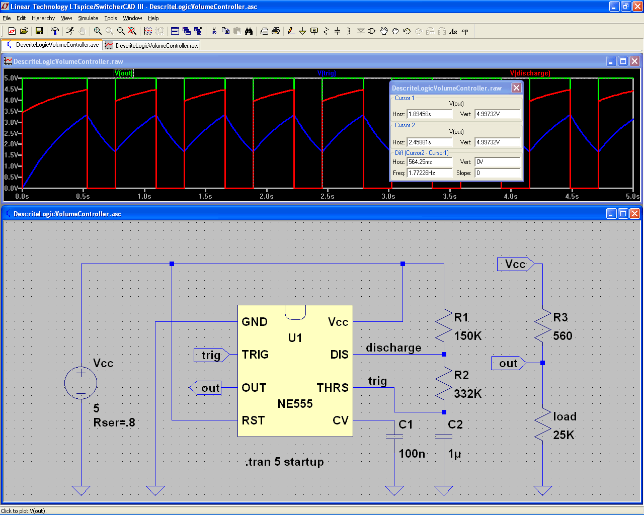 LTspice/SwitcherCAD III circuit diagram, waveforms, and cursor measurements - Large